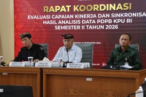 Tampak suasana saat Rapat Koordinasi Evaluasi Capaian Kinerja dan Sinkronisasi Hasil Analisis Data PDPB KPU RI Semester II Tahun 2026 yang digelar secara daring, pada Kamis (10/9/2026).
